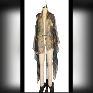 Cocoon House Silk Kimono Art to Wear Lightweight Open Front Novelty Print L XL